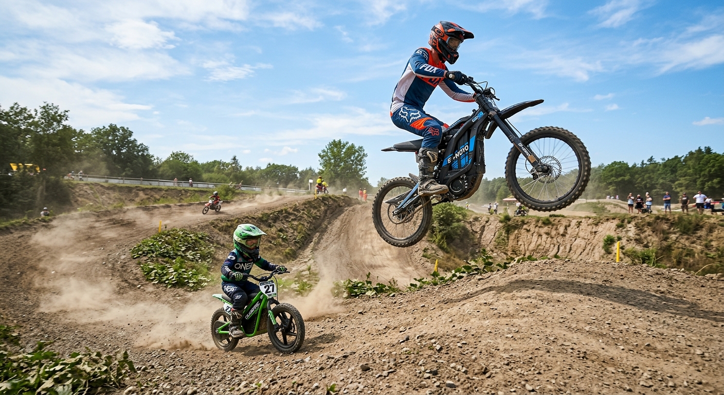 Adult and kid riding electric off-road bikes on a dirt track